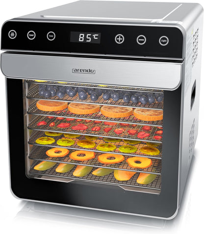 Arendo - Dörrautomat Edelstahl mit 8 Edelstahlgitter - 700 W - 35°-85°C - 8 Edelstahl Einlegetabletts mit insgesamt 6700 cm² - Dörrgerät Dehydrator Obsttrockner Dörrapparat - Obst Fleisch Pilze uvm