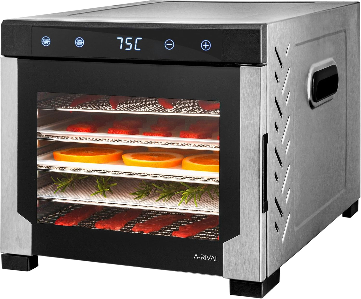 A-rival Dehydrator, Stainless Steel Dehydrator, Touch Control, Professional Dehydrator Stainless Steel, 24 Hour Timer, 6 Drying Trays + 3 Drying Mats, BPA-Free, 35 °C to 75 °C, Quiet Operation, 360°